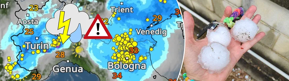 Wetterkarte mit Gewittern über Norditalien und Foto von grossen Hagelkörnern in einer Hand.