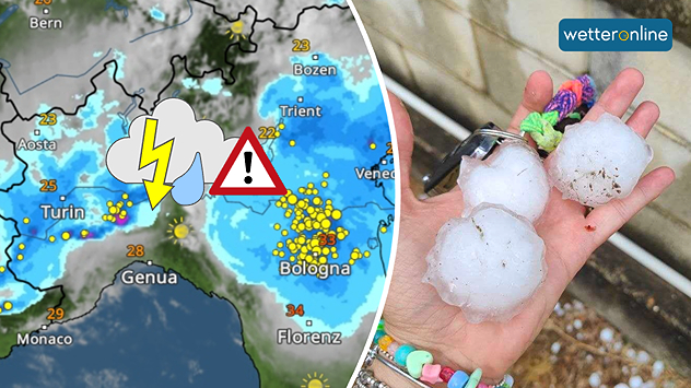 Wetterkarte mit Gewittern über Norditalien und Foto von großen Hagelkörnern in einer Hand.