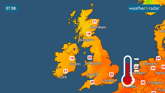 Temperature map showing the daily highs for Thursday, August 7th. Warmest in the south-east of England where a high of 25 degrees is visible. Coolest noted city, Glasgow at 18 degrees.