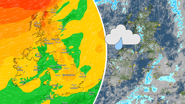 Two weather maps of the UK and Ireland. On the left, a wind map showing stronger gusts in the west of Scotland. On the right a weather map showing showers across parts of Wales and England.