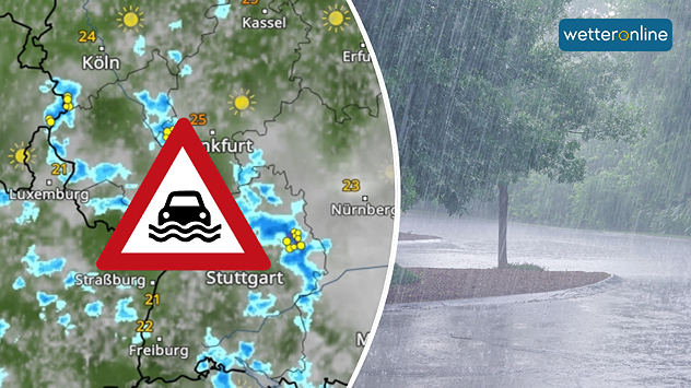 Links: Wetterkarte mit Starkregenzellen über Südwestdeutschland und Warnschild vor Überflutung. Rechts: Straße im strömenden Regen unter einem Baum.