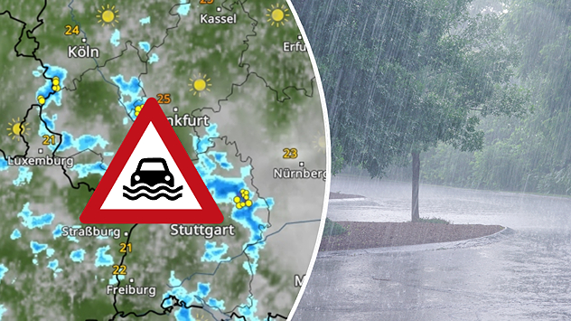 Links: Wetterkarte mit Starkregenzellen über Südwestdeutschland und Warnschild vor Überflutung. Rechts: Straße im strömenden Regen unter einem Baum.