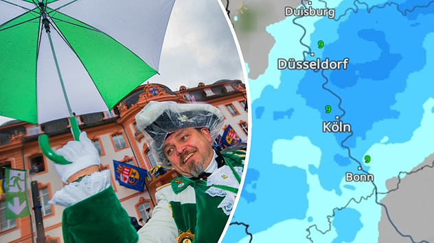 Gardist hält zum Karnevalsauftakt in Mains Schirm - WetterRadar zeigt für Montag Regen im Rheinland