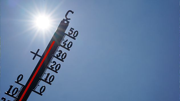  Ein Thermometer zeigt vor blauem Himmel Temperaturen von über 40 Grad. Im Hintergrund strahlt die Sonne.