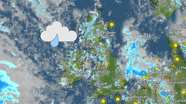 Weather map of the UK and Ireland showing scattered showers with cloudy patches across much of the region, especially around western and northern areas. Sunshine symbols appear over London, Cardiff, and parts of southern England, while temperatures range from 17°C to 18°C in most places. Areas of heavier rain are visible over the Atlantic to the west.