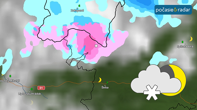 Snímka meteoradaru s vyznačením snehových zrážok vo Vysokých Tatrách + symbol sneženia.