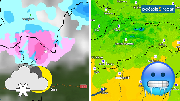 Vľavo snímka meteoradaru so symbolom sneženia, vpavo snímka teplotného radru s nízkymi teplotami a emoji zmrznutého človeka.