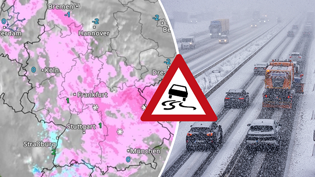WetterRadar mit Schneefällen über Deutschland. Daneben Autobahn mit Schneefall und glatter Fahrbahn. Warnsymbol weist auf Rutschgefahr hin.