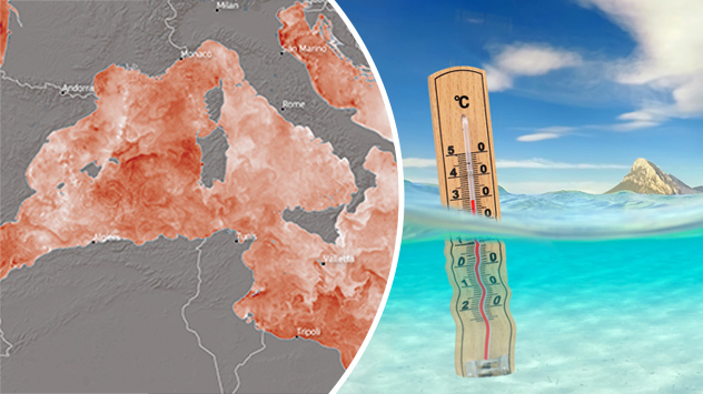Anomalien der Meeresoberflächentemperatur, die Anfang dieser Woche über dem Atlantischen Ozean und dem Mittelmeerraum gemessen wurden.