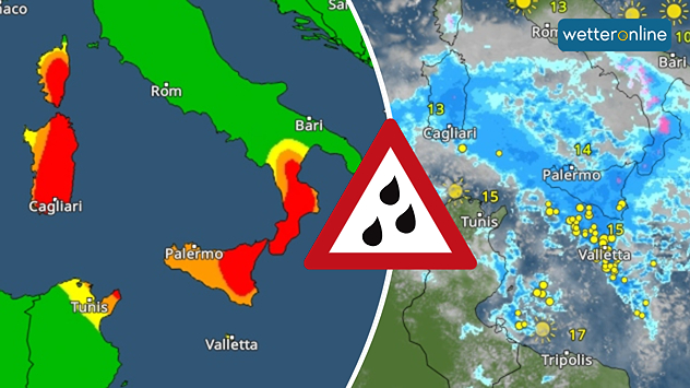 Links zeigt die Karte eine Unwetterwarnung für den Süden Italiens. Rechts sind im WetterRadar Regen und Gewitter zu sehen.