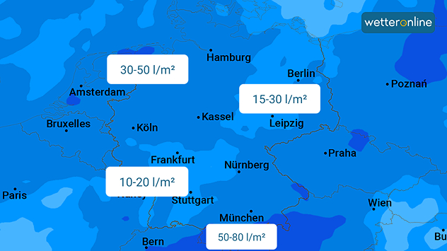 Prognose der Niederschlagsmengen bis Anfang nächster Woche in Mitteleuropa. Meist werden 10 bis 50 l/m² erwartet, am Alpenrand regional bis 80 l/m².