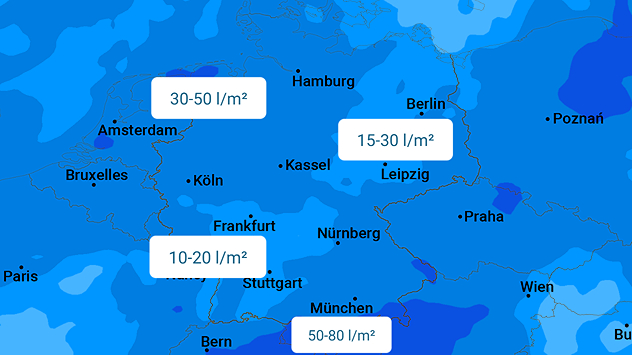 Prognose der Niederschlagsmengen bis Anfang nächster Woche in Mitteleuropa. Meist werden 10 bis 50 l/m² erwartet, am Alpenrand regional bis 80 l/m².