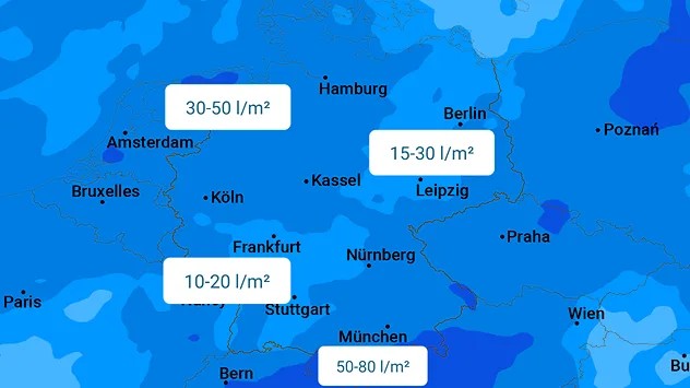 Prognose der Niederschlagsmengen bis Anfang nächster Woche in Mitteleuropa. Meist werden 10 bis 50 l/m² erwartet, am Alpenrand regional bis 80 l/m².