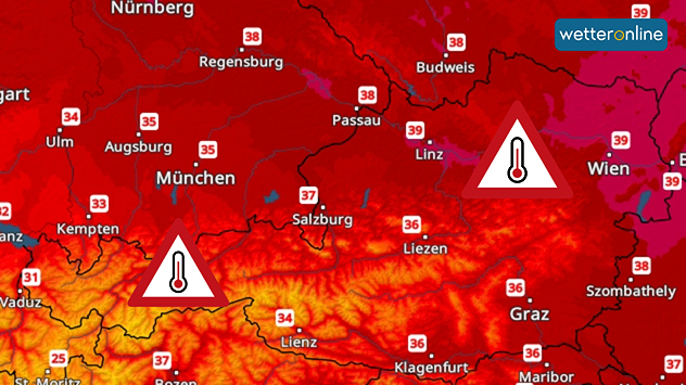 Eine Temperaturkarte von Österreich zeigt meist 34 bis 39 Grad an.