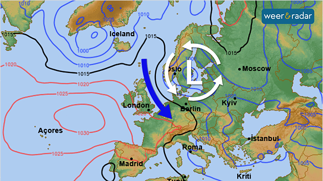 Een weerkaart met een lagedrukgebied boven Scandinavië en een blauwe pijl die de koele noordwestelijke stroming naar de Benelux toont.