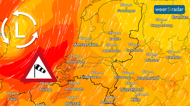 De situatie donderdagmiddag rond 12 uur. In Zeeland steekt een harde wind op met de eerste zware windstoten, in de rest van het land staat een stevige zuidelijke wind.