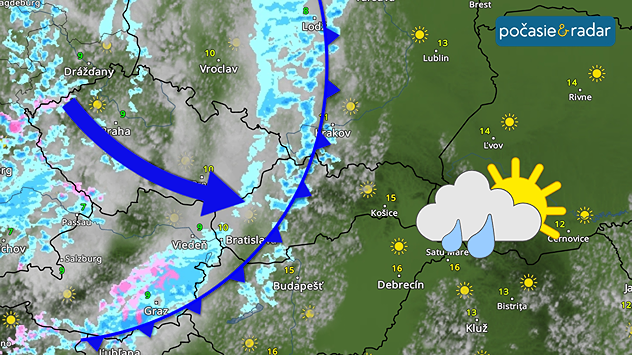 Mapa strednej Európy so studeným frontom postupujúcim nad Slovensko a pásmom zrážok.