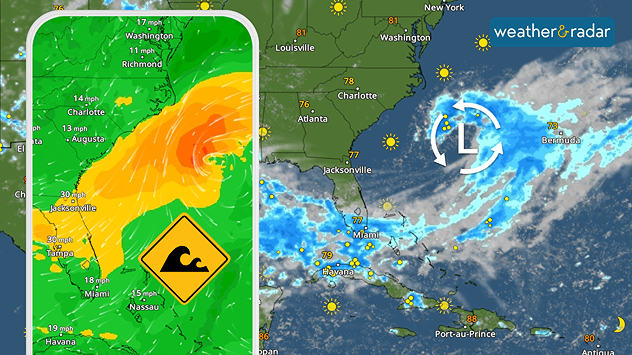Frontal system brings stormy weather in addition to gusty winds and rip currents.