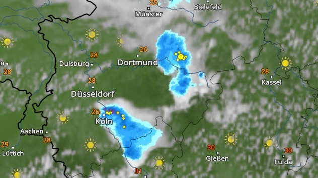 Wetterkarte zeigt Gewitter und Schauer im Rheinland