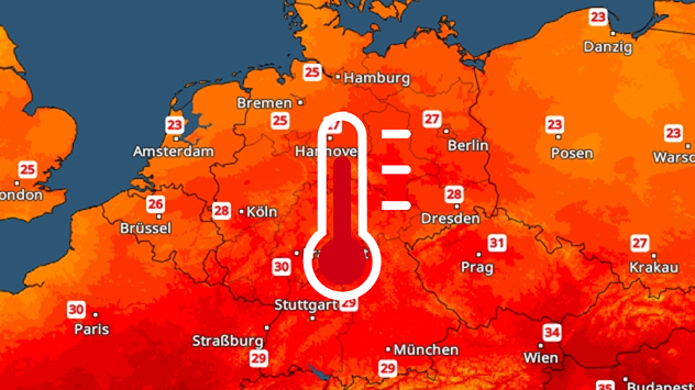 Karte zeigt Temperaturvorhersage für Samstag mit roten Tönen; Thermometer bei Stuttgart (30 °C).