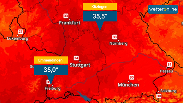 TemperaturRadar: Samstag in Kitzingen 35,5 Grad