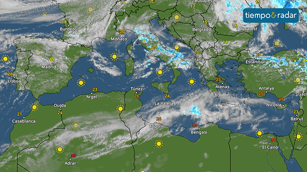 Radar meteorológico del Mediterráneo con iconos del sol e indicaciones de temperatura.