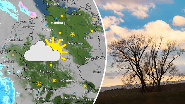 Geteilte Grafik: links eine WetterRadar-Karte von Deutschland mit Sonne-Wolken-Symbolen, rechts eine Landschaft mit kahlem Baum vor abendlichem Himmel.