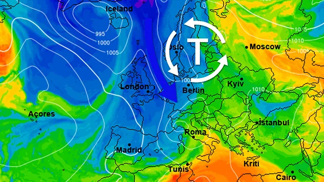 Wetterkarte von Europa mit Tiefdruckgebiet über Skandinavien. Pfeile zeigen Kaltluftströmung aus Norden bis nach Deutschland und Polen.