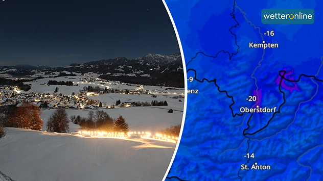 Links zeigt eine Webcam ein Bergdorf im Winter bei Nacht. Rechts ist das TemperaturRadar mit eiskalten Werten im Allgäu zu sehen.
