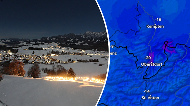 Links zeigt eine Webcam ein Bergdorf im Winter bei Nacht. Rechts ist das TemperaturRadar mit eiskalten Werten im Allgäu zu sehen.