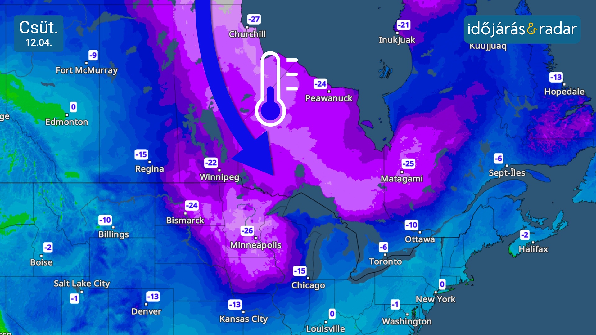 Hőmérsékleti térkép (Kanada). Jelölve az extrém sarkvidéki légtömeg dél felé nyomulása.