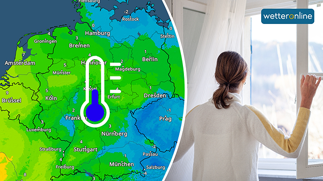 Links eine Deutschlandkarte mit Temperaturfarben und Thermometersymbol. Rechts eine Frau, die ein Fenster öffnet und lüftet.
