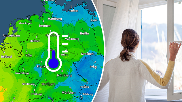 Links eine Deutschlandkarte mit Temperaturfarben und Thermometersymbol. Rechts eine Frau, die ein Fenster öffnet und lüftet.