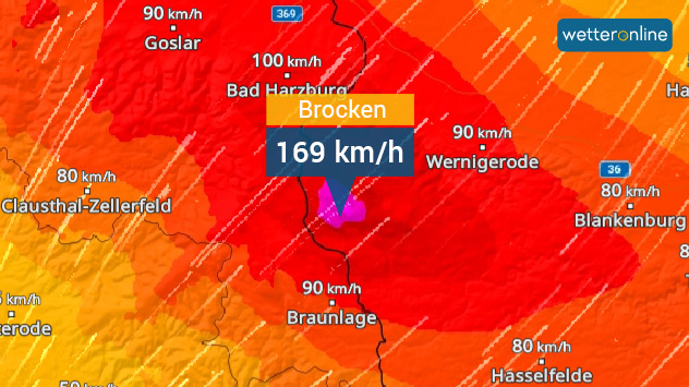 WindRadar von Montagmorgen: Orkanböen auf dem Brocken im Harz