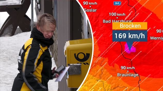 Postbotin im Sturm im Erzgebirge und WindRadar