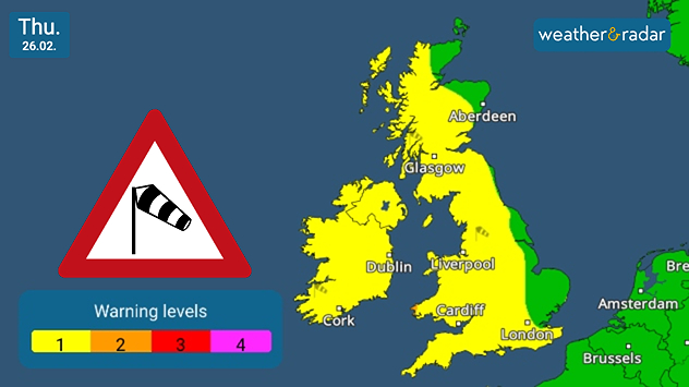 UK &amp; Ireland warning map dated Thu 26.02 showing yellow wind warning levels across much of Britain and Ireland, with a red triangular wind warning icon and a legend indicating levels 1 to 4.