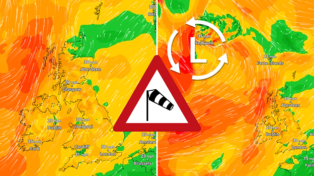 Split wind forecast maps showing strong winds across the UK and a deep low pressure system near Iceland, with orange and red shading, swirling streamlines, and a central windsock warning icon.