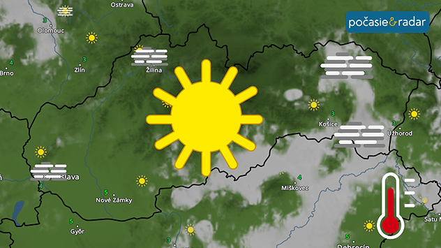 Meteoradar s vyznačením jasnej oblohy, hmiel a vysokých teplôt.