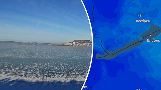 Зліва — замерзле озеро зі снігом і льодом, на задньому плані — плоскі береги. Праворуч — карта температур Угорщини з дуже низькими мінусовими температурами.