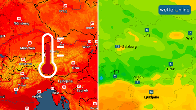 Höchsttemperaturen und Taupunkte heute Nachmittag: Die Taupunkte sind verbreitet einstellig.