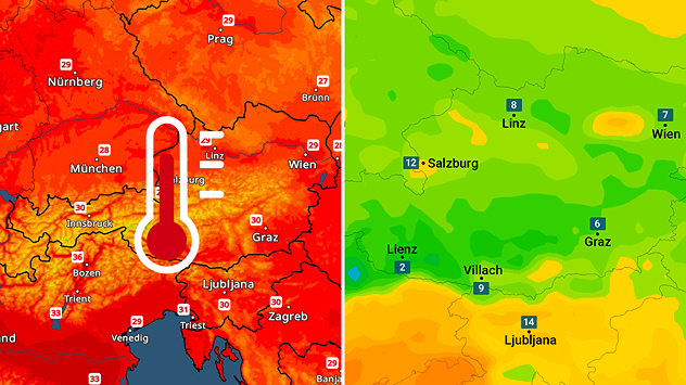 Höchsttemperaturen und Taupunkte heute Nachmittag: Die Taupunkte sind verbreitet einstellig.