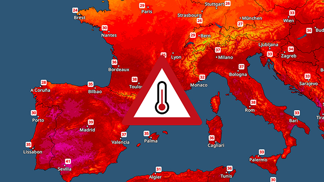 TemperaturRadaren viser ekstrem varme over Middelhavslandene. Op mod 40 grader flere steder.