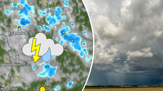 WetterRadar (links) und Symbolbild von einem kräftigen Schauer (rechts)