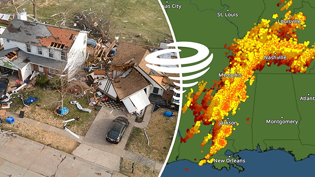 links: Bild von zerstörtem Haus, rechts: Archiv BlitzRadar