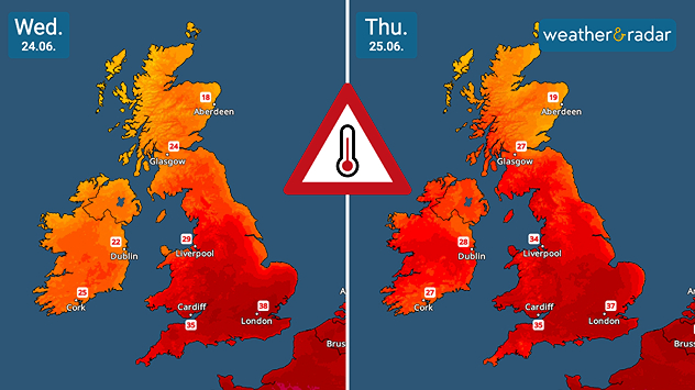 Split temperature maps of the UK for Wednesday 24.06 and Thursday 25.06 showing intensifying heat across Britain, with temperatures rising from 38°C near London on Wednesday to 37°C on Thursday, and a central heat warning symbol highlighting widespread extreme warmth.