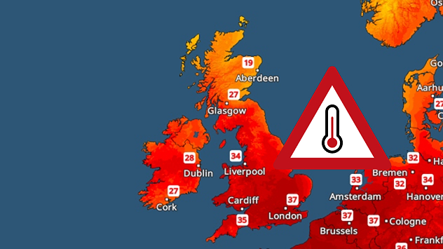 Temperature map of the UK and western Europe showing widespread extreme heat, with temperatures reaching 37°C near London, 35°C around Cardiff, 34°C near Liverpool, and a large heat warning symbol highlighting dangerous conditions.