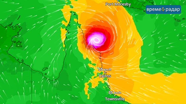 Карта на вятъра с мощен циклон край североизточното крайбрежие на Австралия. Червеният център отбелязва буря от 5-та категория в близост до Кернс. Околните райони показват силни ветрови течения.