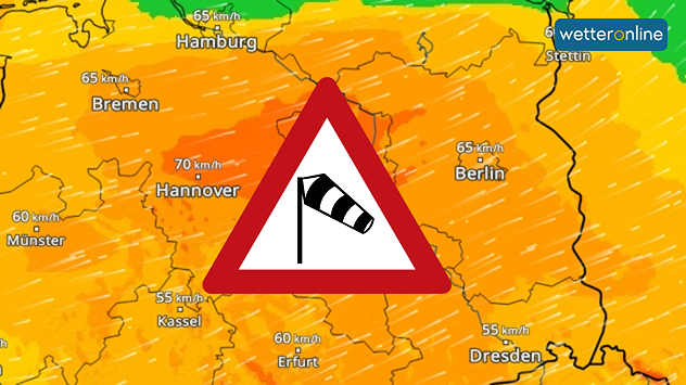 WindRadar mit Böen zwischen 55 und 70 km/h sowie einem Warnschild für starken Wind.
