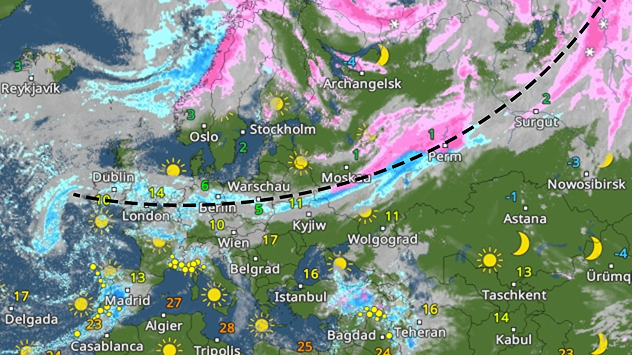 Un frente meteorológico ondulado de más de 5000 kilómetros de longitud se extiende actualmente desde el Atlántico oriental a través de Europa central hasta Siberia occidental.