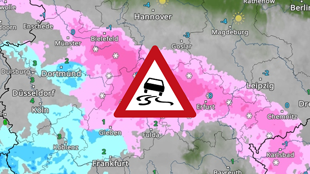 Wetterkarte zeigt Schneefall- und Eisregen-Zone mit Glättewarnung über der Mitte Deutschlands.